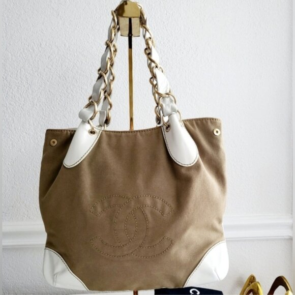 Chanel ( w/ COA) Tan & White Denim Leather Tote