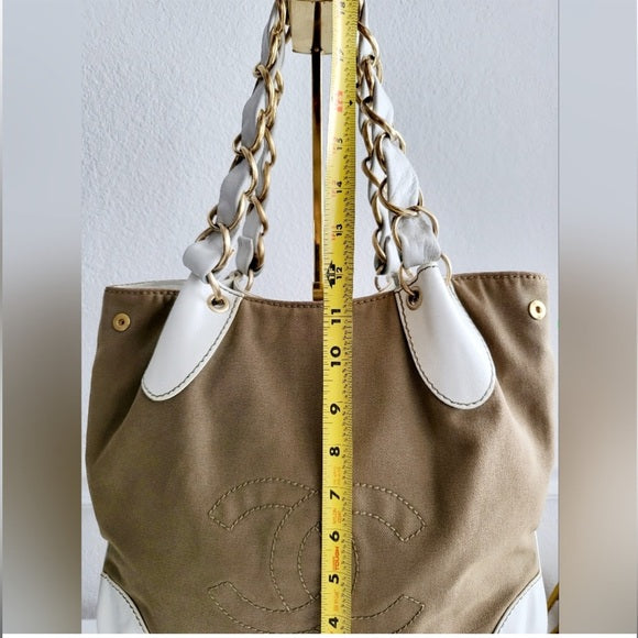 Chanel ( w/ COA) Tan & White Denim Leather Tote