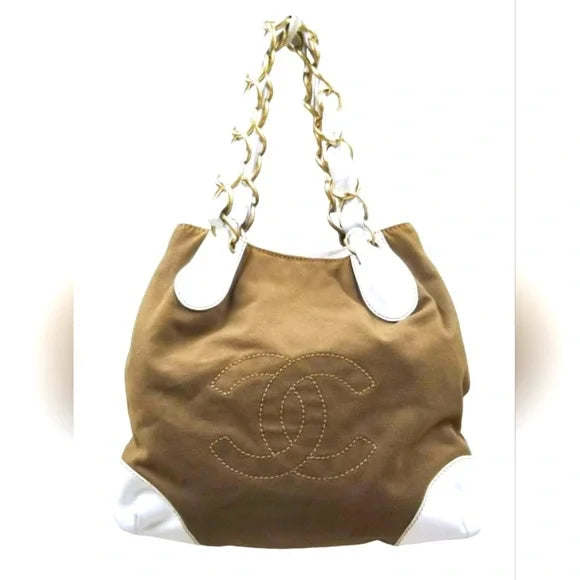 Chanel ( w/ COA) Tan & White Denim Leather Tote