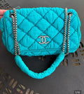 CHANEL BLUE TURQUOISE FABRIC SHOULDER FLAP BAG