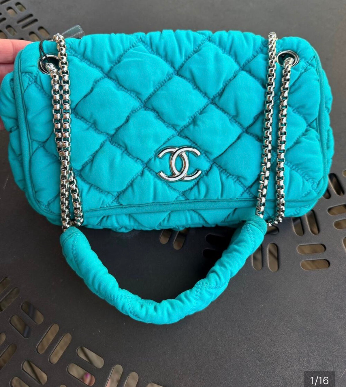 CHANEL BLUE TURQUOISE FABRIC SHOULDER FLAP BAG