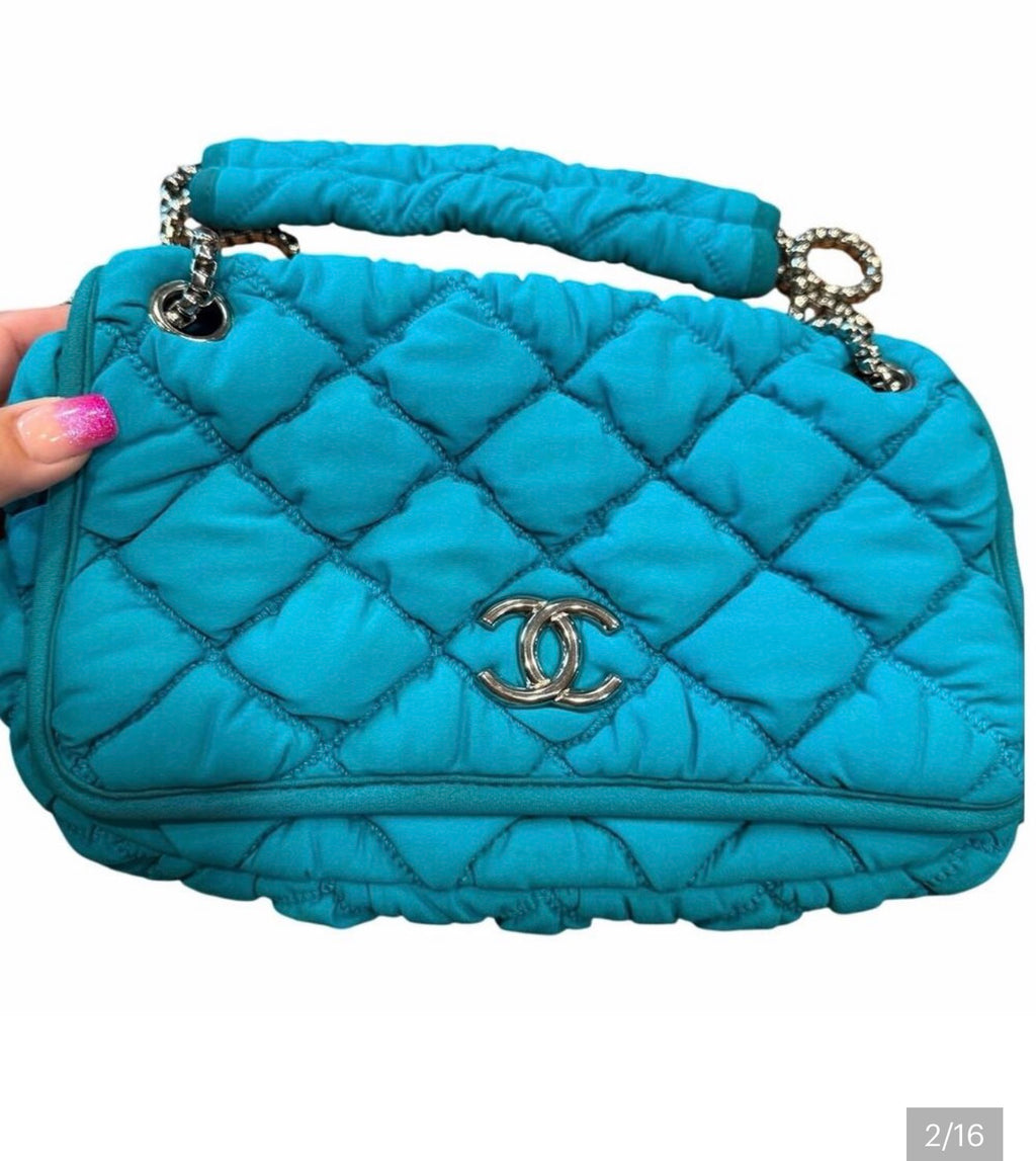 CHANEL BLUE TURQUOISE FABRIC SHOULDER FLAP BAG