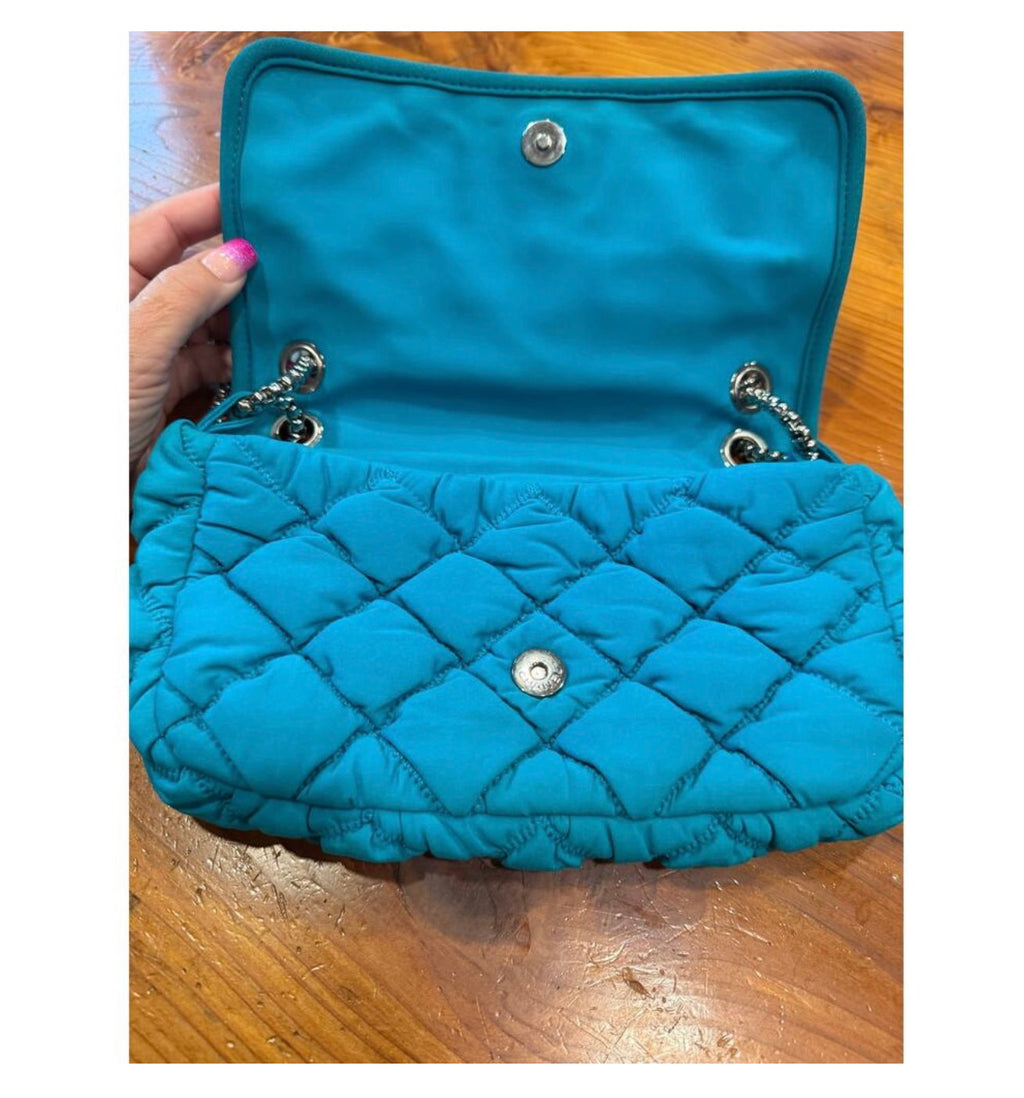 CHANEL BLUE TURQUOISE FABRIC SHOULDER FLAP BAG