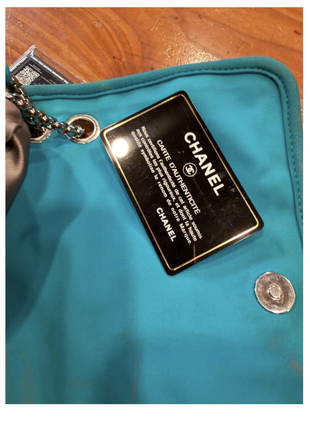 CHANEL BLUE TURQUOISE FABRIC SHOULDER FLAP BAG